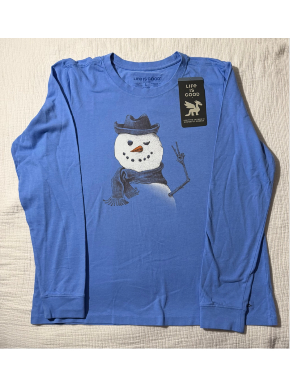 Life is Good Long Sleeve Tee Size L Blue Snowman Graphic